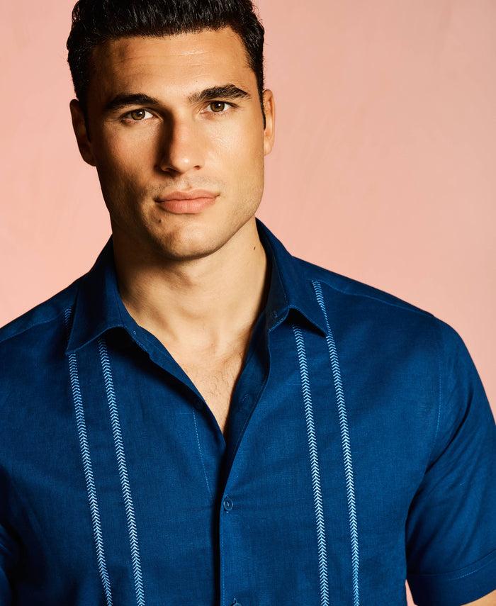 Cubavera Linen Blend Embroidered Panel Shirt Blueberry Pancake