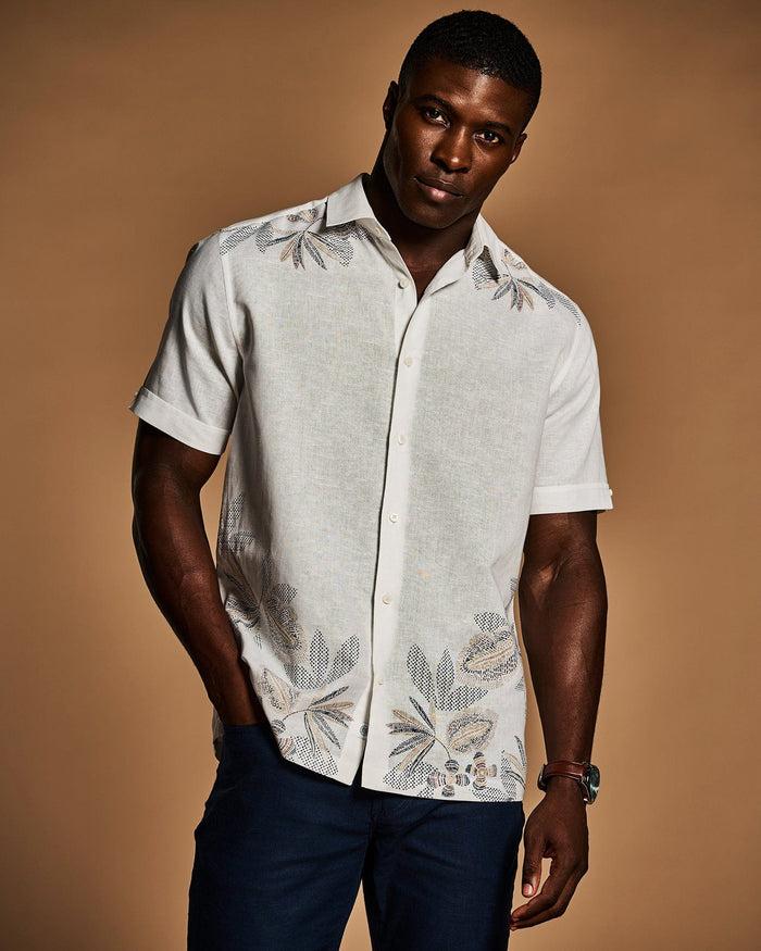 Cubavera Linen Blend Engineered Floral Print Shirt Brilliant White
