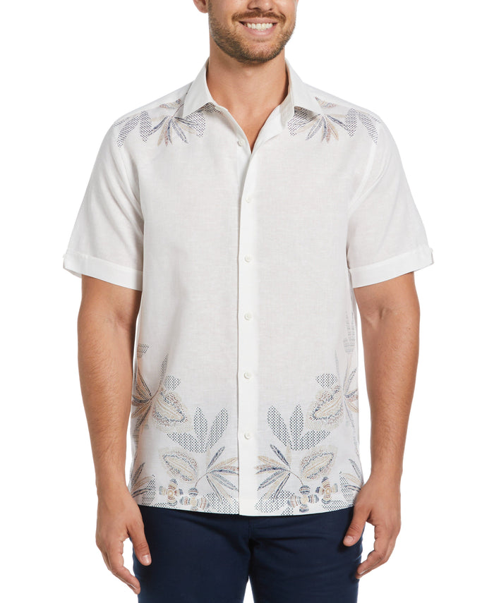 cubavera Linen Blend Engineered Floral Print Shirt Brilliant White
