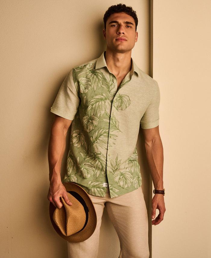 Cubavera Linen Blend Engineered Tropical Print Shirt Basil