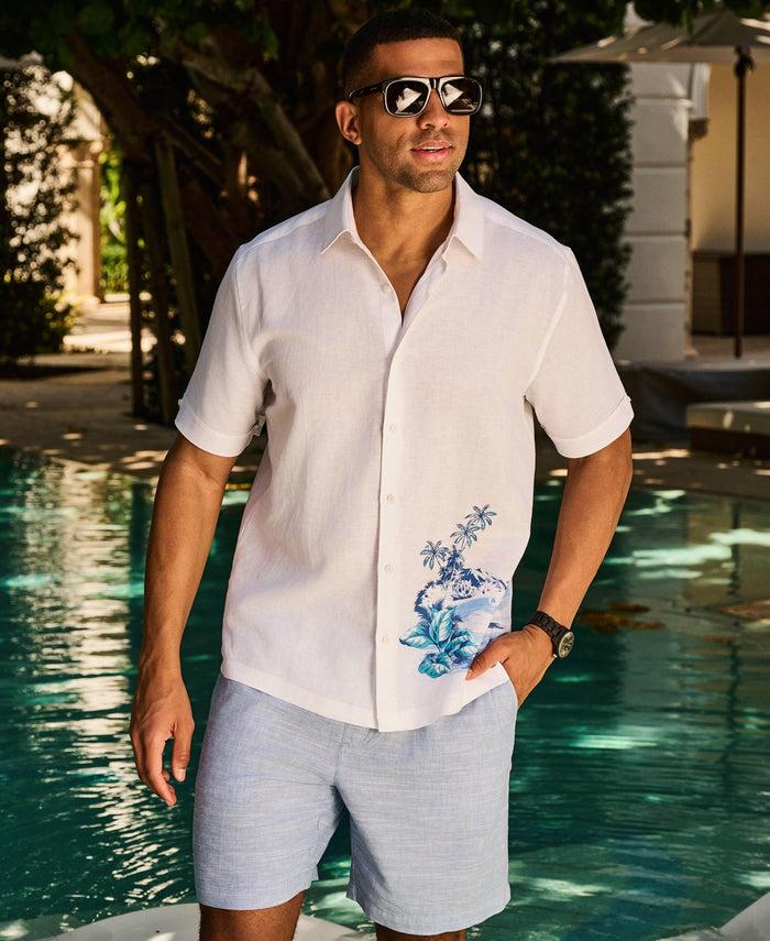 Cubavera Linen Blend Flamingo Print Shirt Brilliant White
