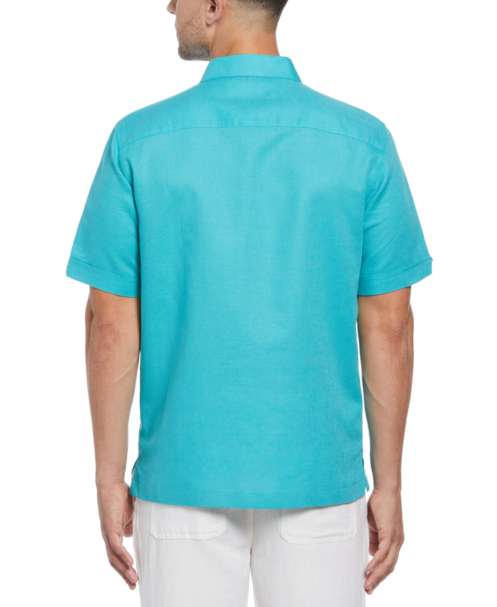 Cubavera Linen Blend Geo Embroidered Panel Shirt Baltic