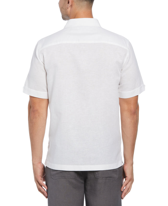 Cubavera Linen Blend Geo Embroidered Panel Shirt Brilliant White