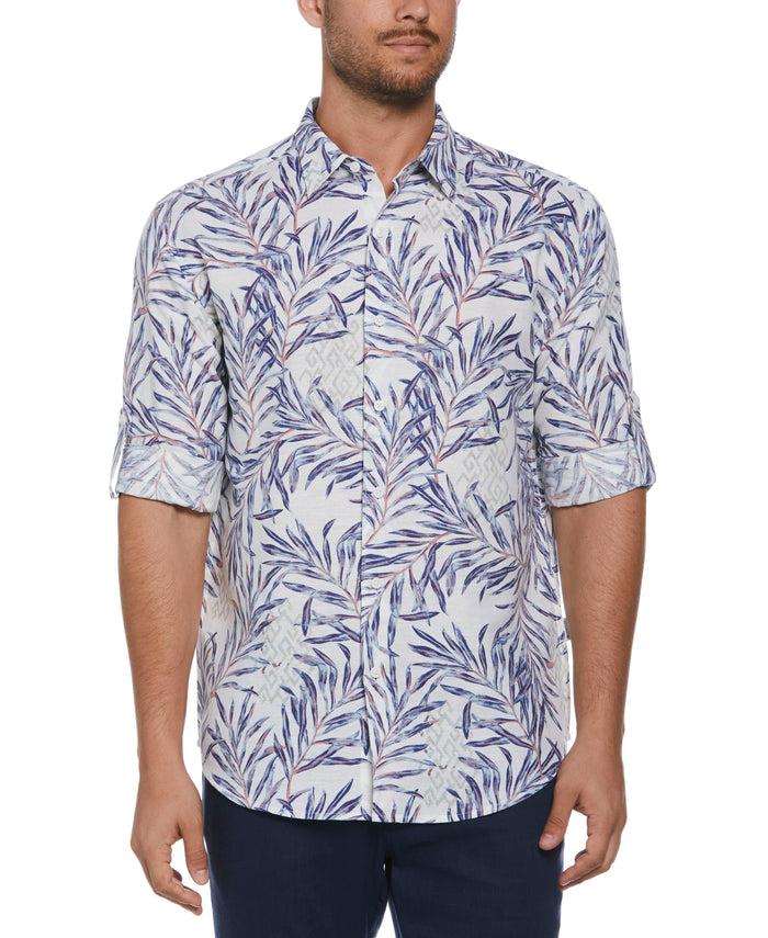 Cubavera Linen Blend Geo Leaf Print Shirt Brilliant White