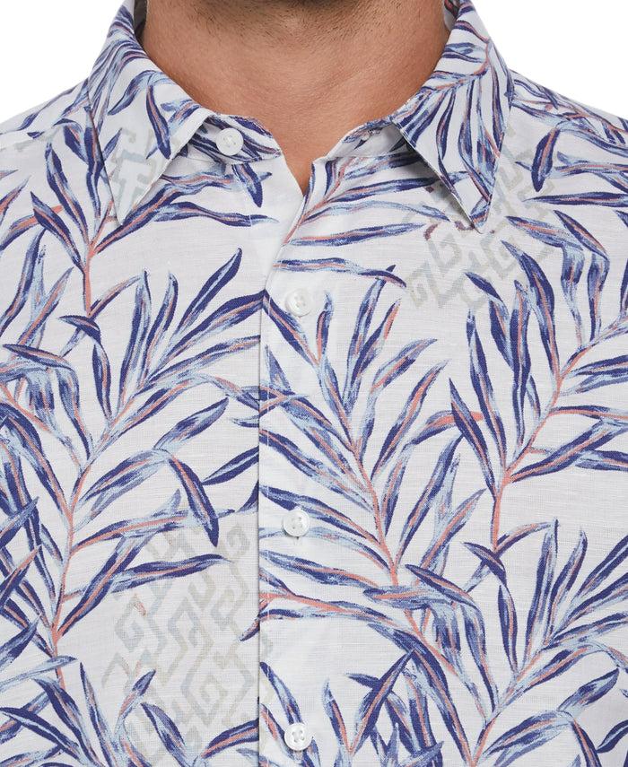 Cubavera Linen Blend Geo Leaf Print Shirt Brilliant White