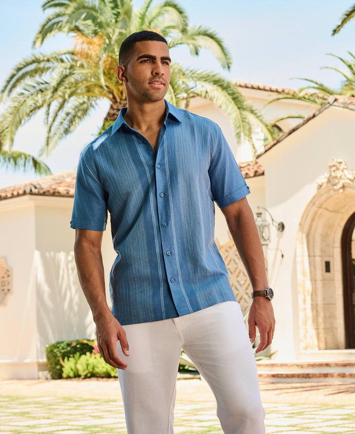 Cubavera Linen Blend Gradient Panel Shirt Dutch Blue