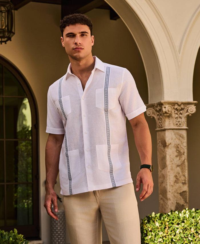 Cubavera Linen Blend Guayabera Shirt With Geo Embroidered Panels Brilliant White