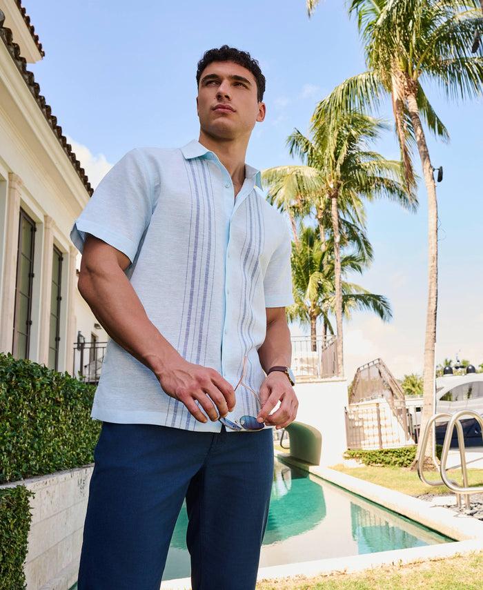 Cubavera Linen Blend Herringbone Panel Shirt Aqua Esque