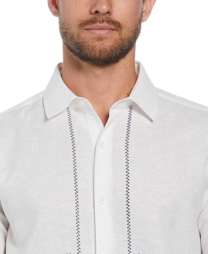 Cubavera Linen Blend L-Shape Embroidered Shirt Brilliant White