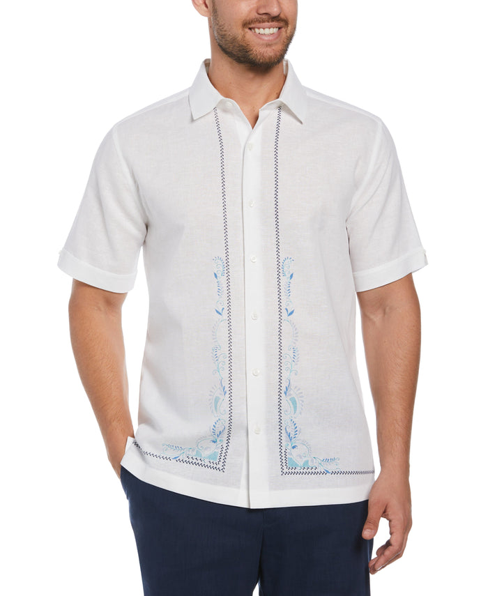cubavera Linen Blend L-Shape Embroidered Shirt Brilliant White