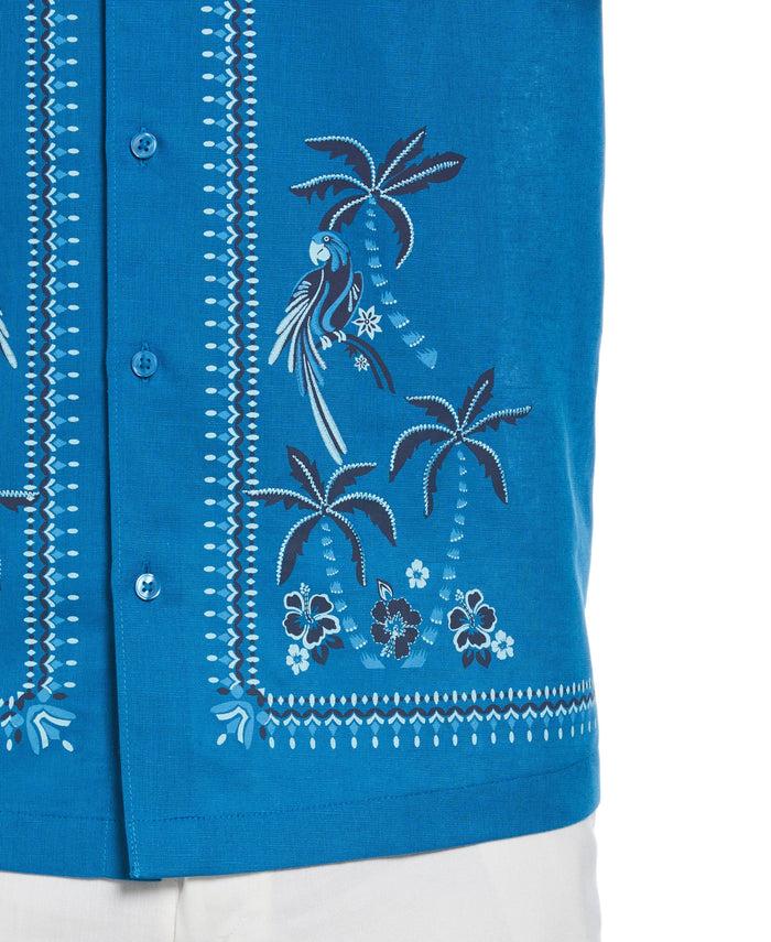 Cubavera Linen Blend L-Shape Parrot Palm Print Shirt Mykonos Blue
