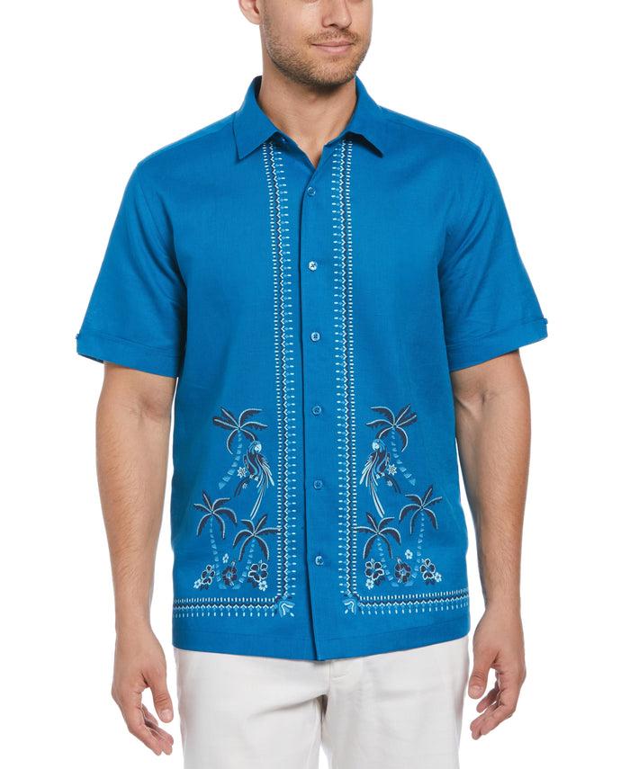 cubavera Linen Blend L-Shape Parrot Palm Print Shirt Mykonos Blue