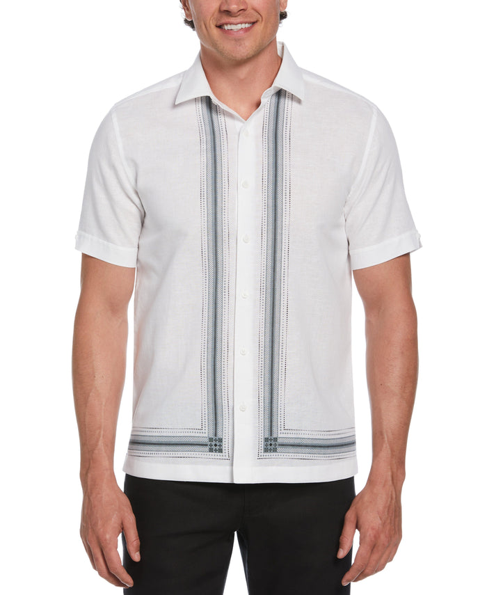 cubavera Linen Blend L-Shaped Deco Pattern Shirt Brilliant White