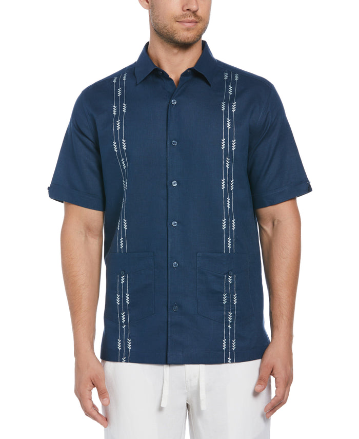 cubavera Linen Blend Leaf Embroidery Panel Guayabera Shirt Titan