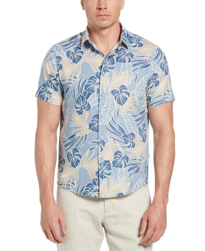 cubavera Linen-Blend Leaf Outline Print Shirt Faded Denim