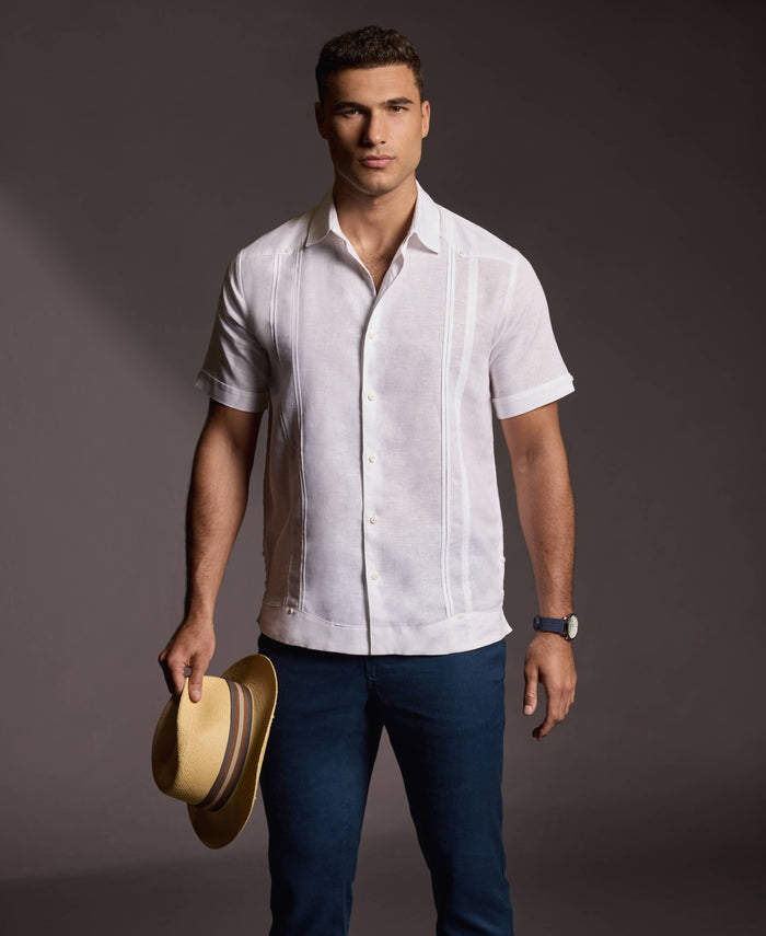 Cubavera Linen Blend No-Pocket Guayabera Shirt Brilliant White
