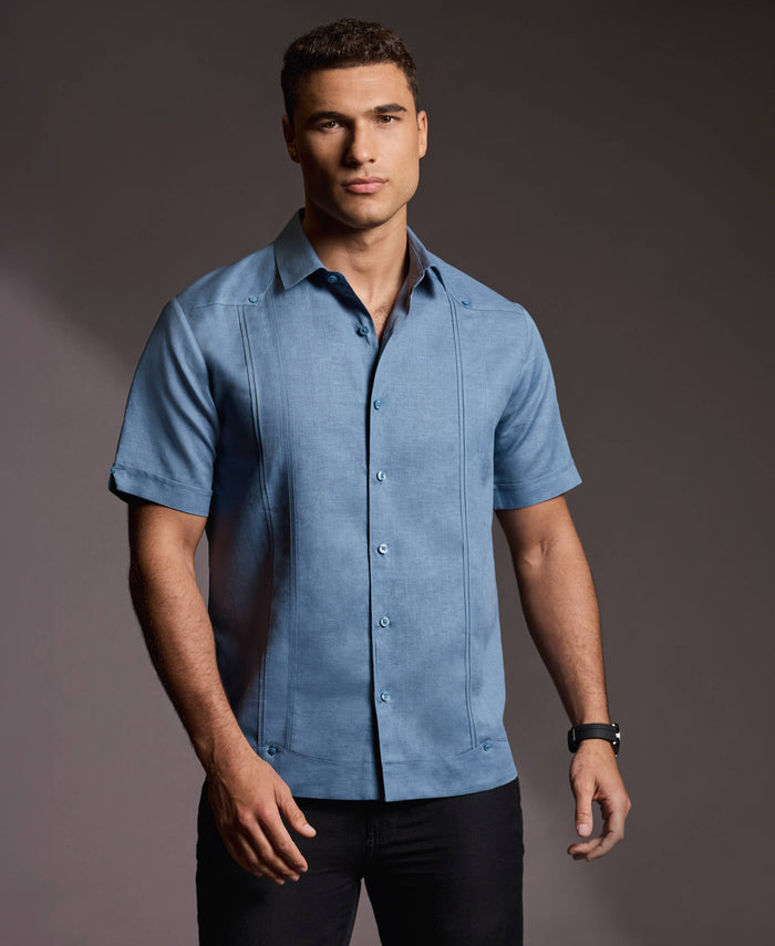 Cubavera Linen Blend No-Pocket Guayabera Shirt Captains Blue