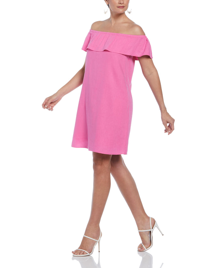 Cubavera Linen Blend Off-Shoulder Knee-Length Dress Strawberry Moon