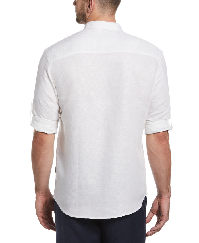 Cubavera Linen Blend Plaid Dobby Roll Sleeve Shirt Brilliant White