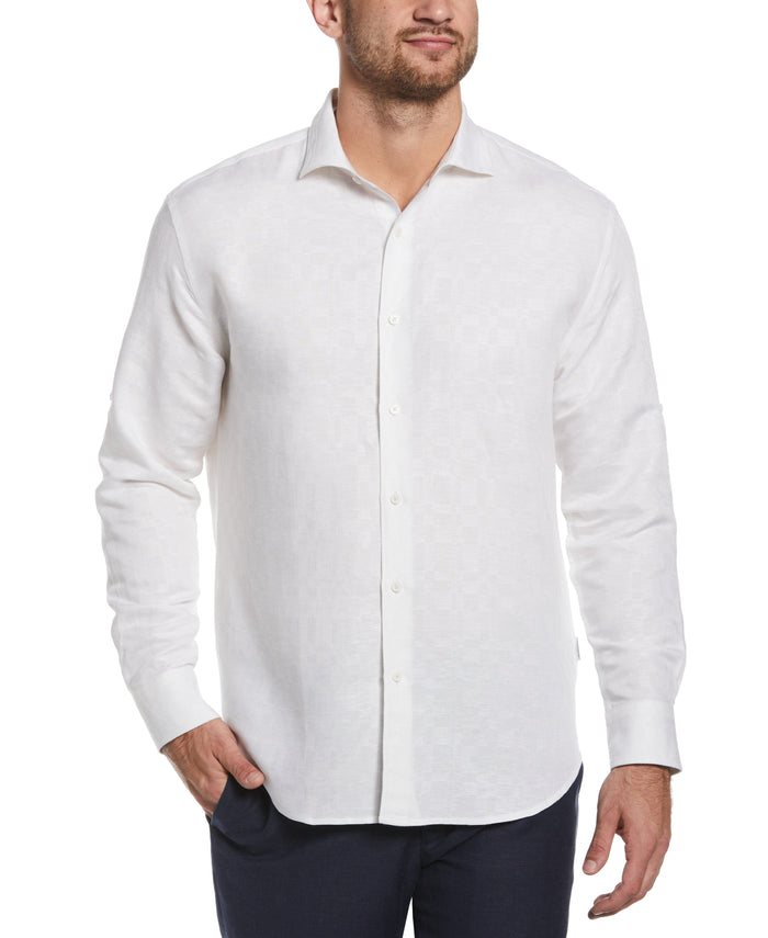 Cubavera Linen Blend Plaid Dobby Roll Sleeve Shirt Brilliant White