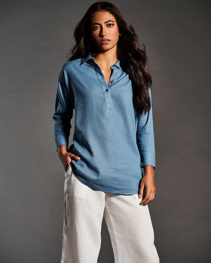 Cubavera Linen Blend Solid Popover Shirt Captains Blue