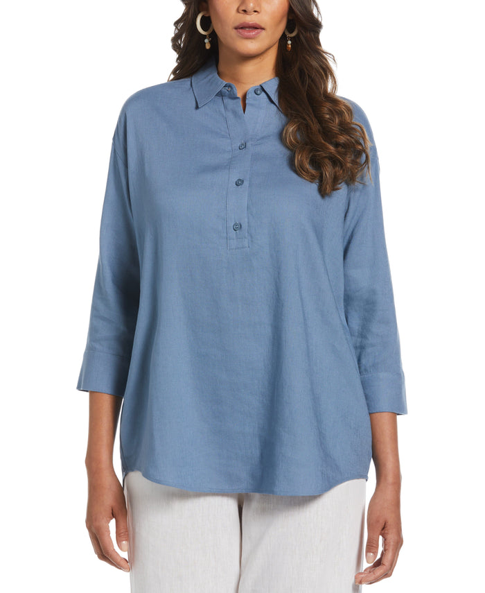 cubavera Linen Blend Solid Popover Shirt Captains Blue