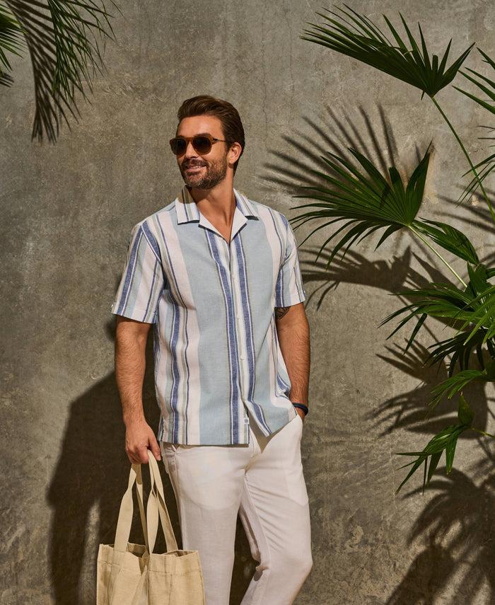 Cubavera Linen Blend Striped Panel Shirt Forget Me Not