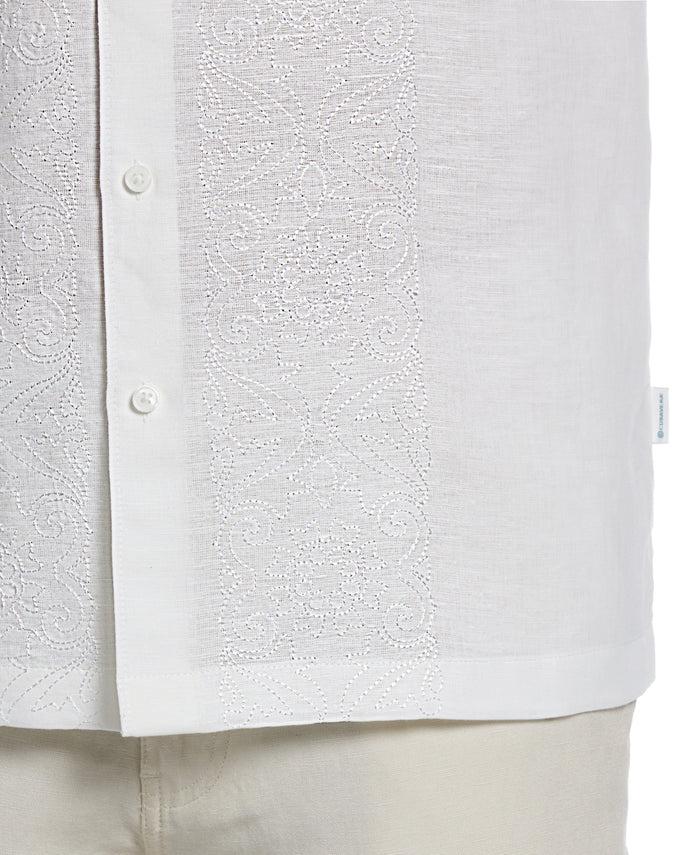 Cubavera Linen Blend Tonal Embroidered Panel Shirt Brilliant White