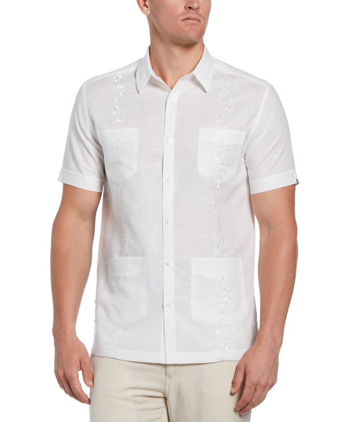 cubavera Linen Blend Tonal Embroidery Guayabera Shirt Brilliant White