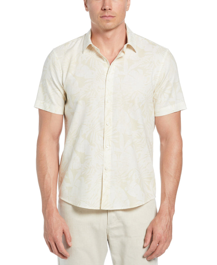cubavera Linen Blend Tonal Multi Leaf Print Shirt Bleached Sand