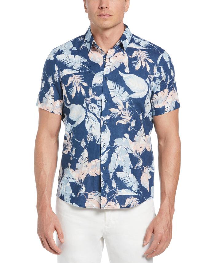 cubavera Linen-Blend Tropical Bird Print Shirt Ensign Blue