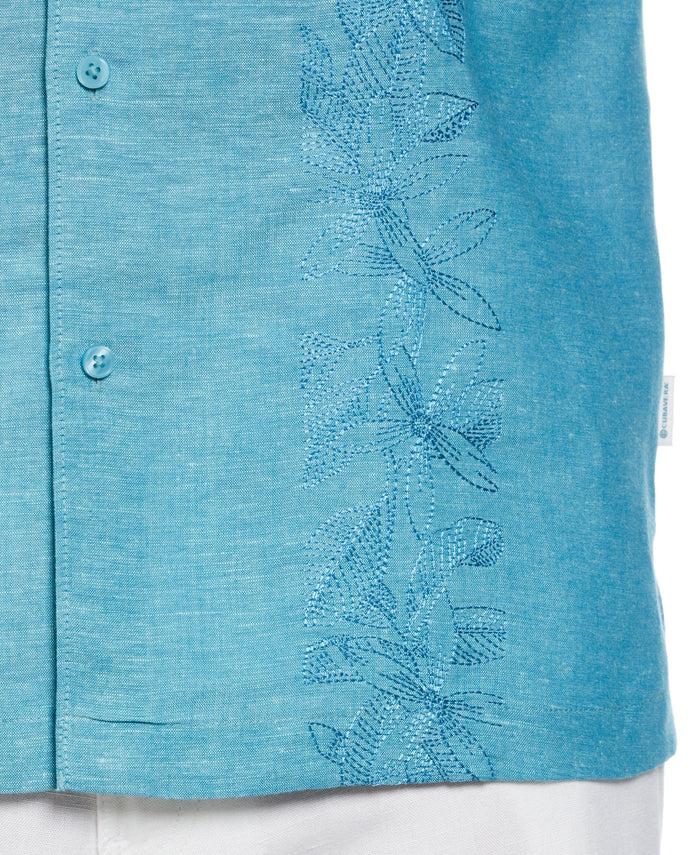 Cubavera Linen Blend Tropical Embroidery Panel Shirt Crystal Teal