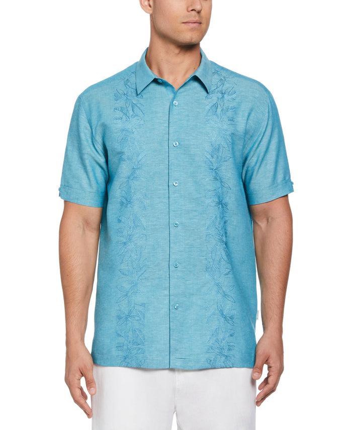 cubavera Linen Blend Tropical Embroidery Panel Shirt Crystal Teal