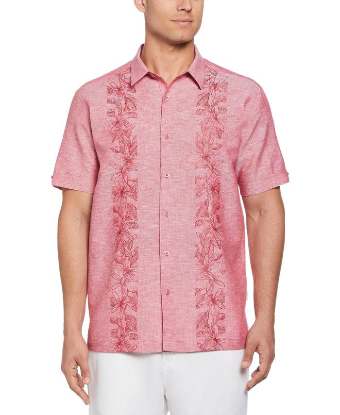 cubavera Linen Blend Tropical Embroidery Panel Shirt Tango Red