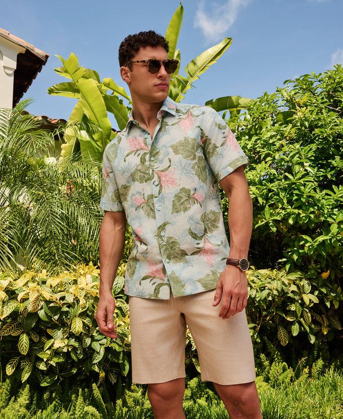 Cubavera Linen Blend Tropical Floral Print Shirt Aqua Esque