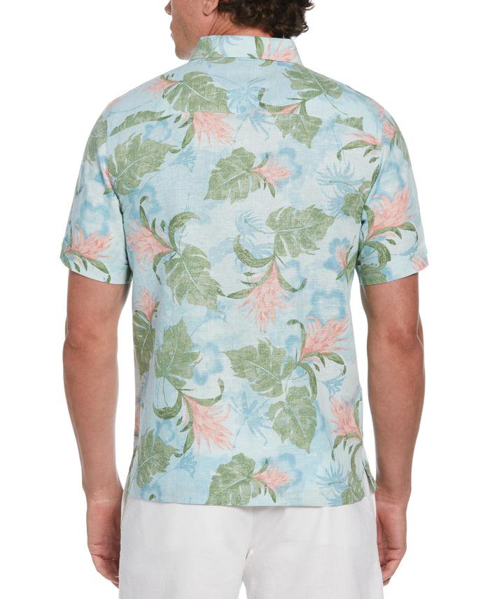 Cubavera Linen Blend Tropical Floral Print Shirt Aqua Esque