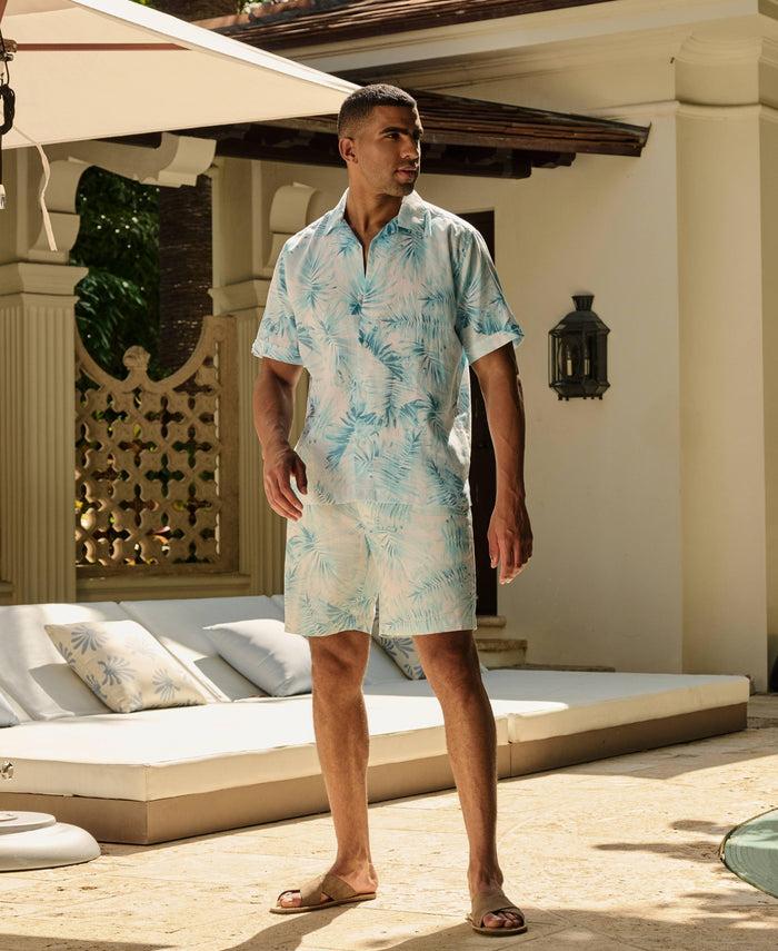 Cubavera Linen Blend Tropical Palm Print Shirt Aqua Esque