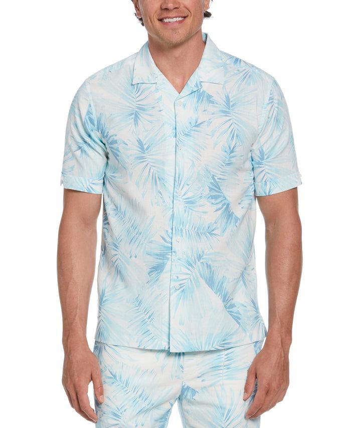 cubavera Linen Blend Tropical Palm Print Shirt Aqua Esque