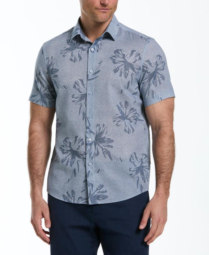 cubavera Linen Blend Tropical Tonal Print Shirt Ensign Blue