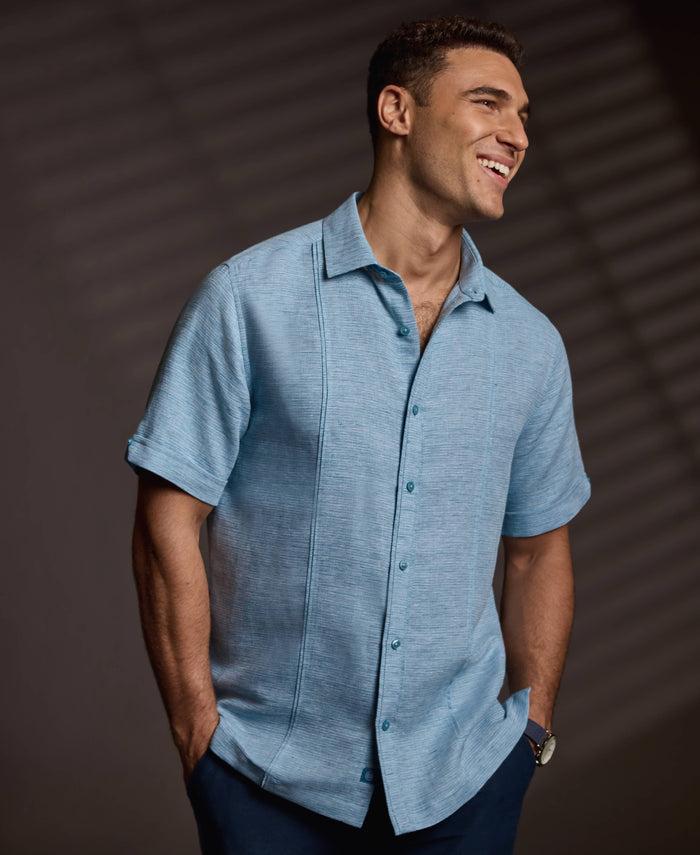 Cubavera Linen Blend Tuck Panel Dobby Shirt Blue Sapphire