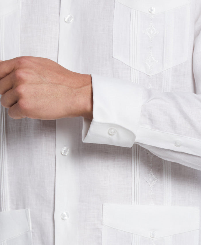 Cubavera Linen Embroidered French Cuff Guayabera Shirt Brilliant White