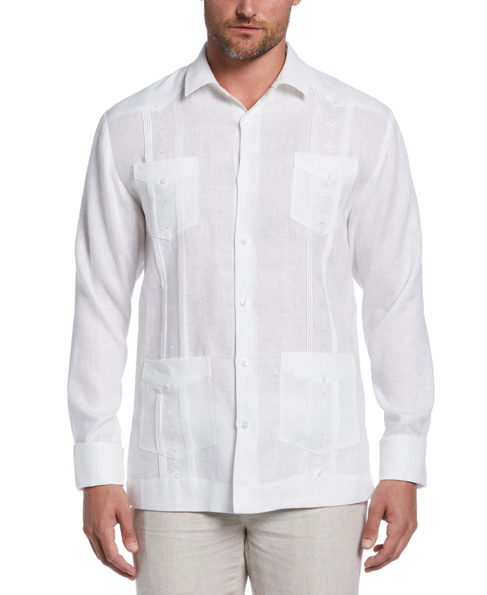 cubavera Linen Embroidered French Cuff Guayabera Shirt Brilliant White