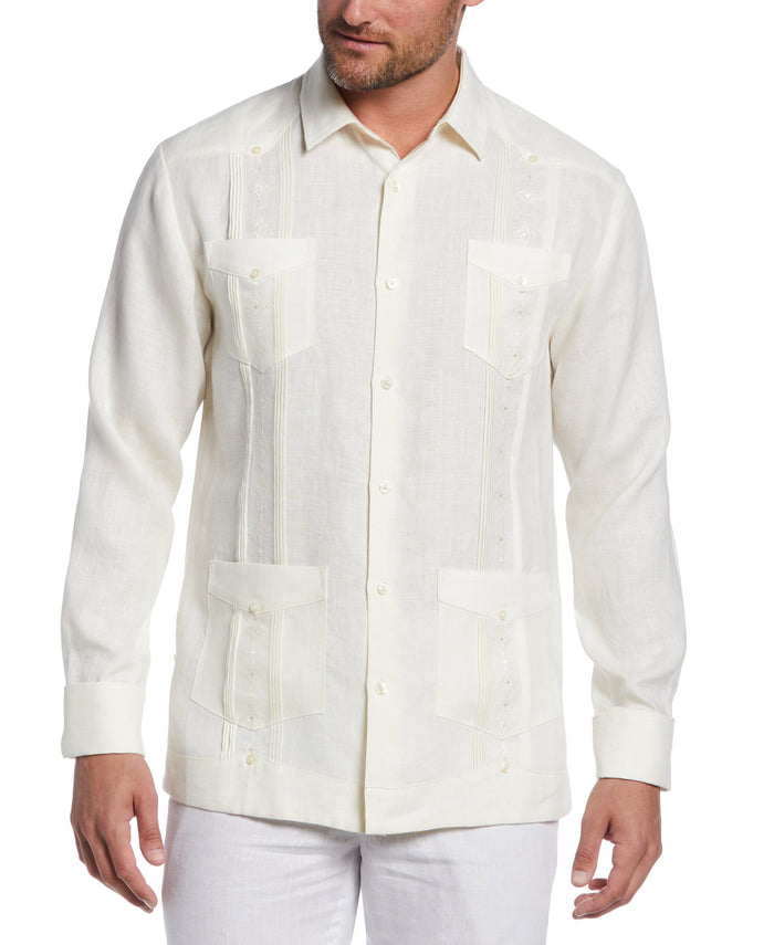cubavera Linen Embroidered French Cuff Guayabera Shirt Whisper White