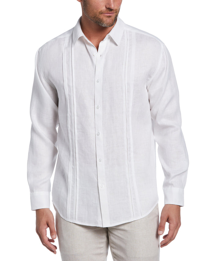 cubavera Linen Embroidered Tuck Panel Guayabera Shirt Brilliant White