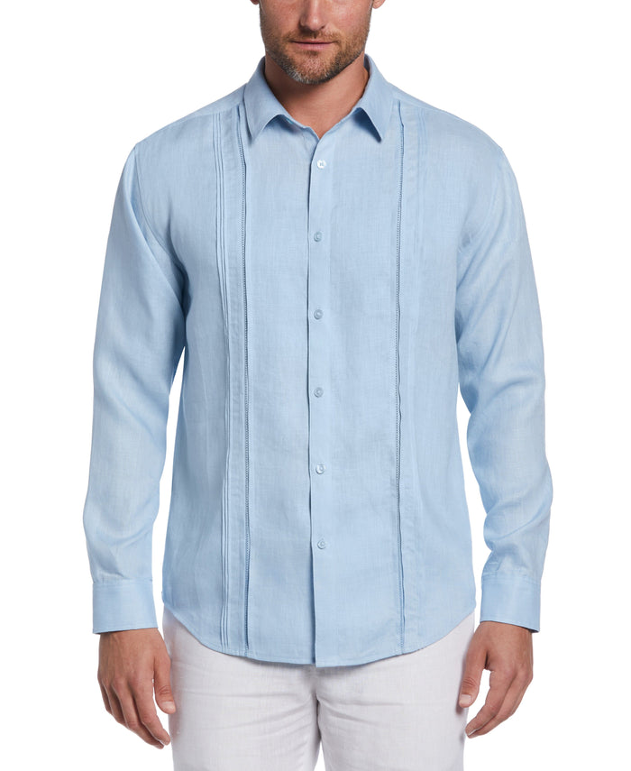 Cubavera Linen Embroidered Tuck Panel Guayabera Shirt Cerulean