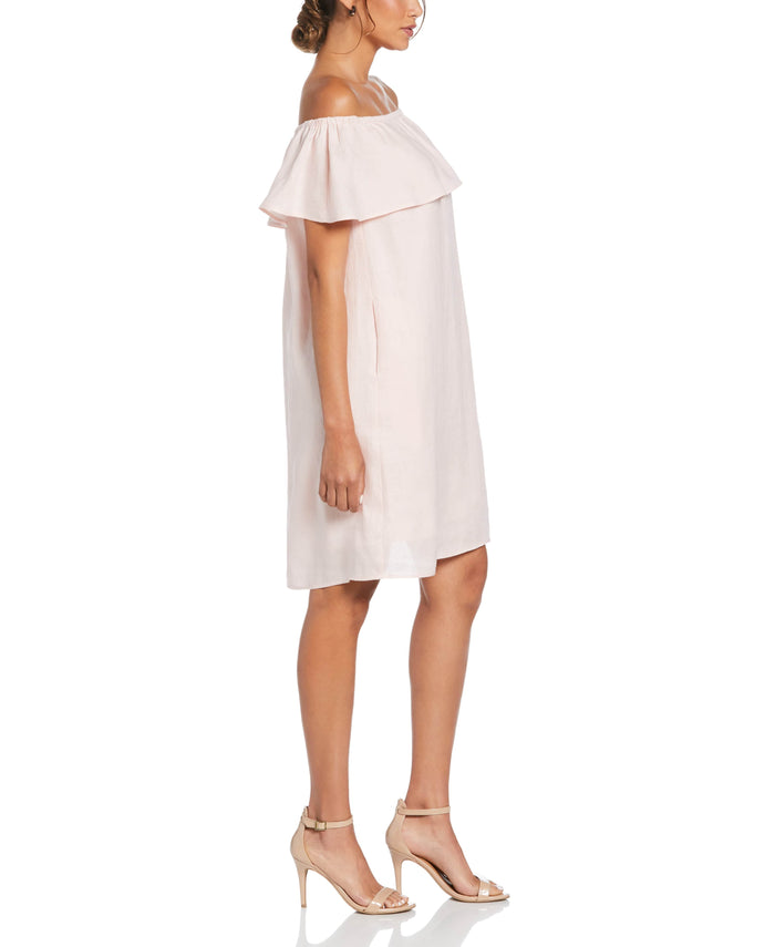 Cubavera Linen Off-The-Shoulder Knee-Length Dress Pink Dogwood