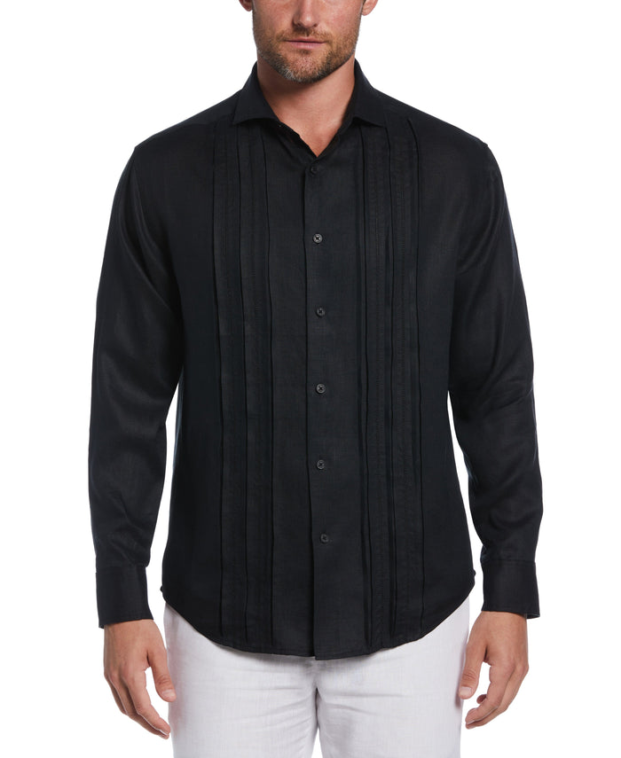 Cubavera Linen Triple Tuck Embroidered Panel Shirt Jet Black