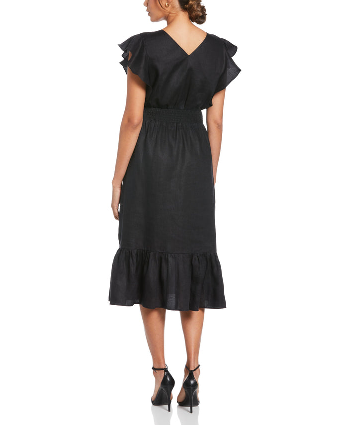 Cubavera Linen V-Neck Ruffle Sleeve Maxi Dress Black
