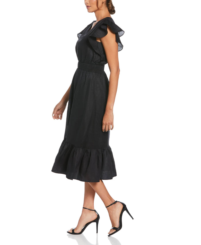Cubavera Linen V-Neck Ruffle Sleeve Maxi Dress Black