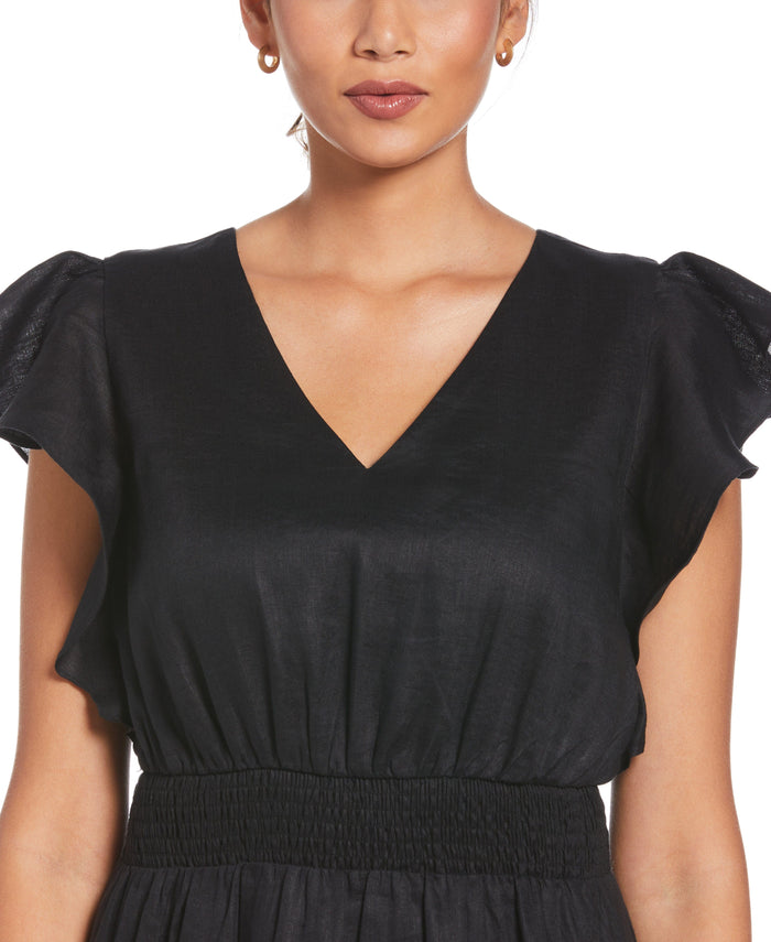Cubavera Linen V-Neck Ruffle Sleeve Maxi Dress Black